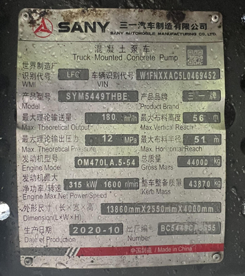 2020 SANY 56m Xe bơm bê tông cũ với khung gầm Benz